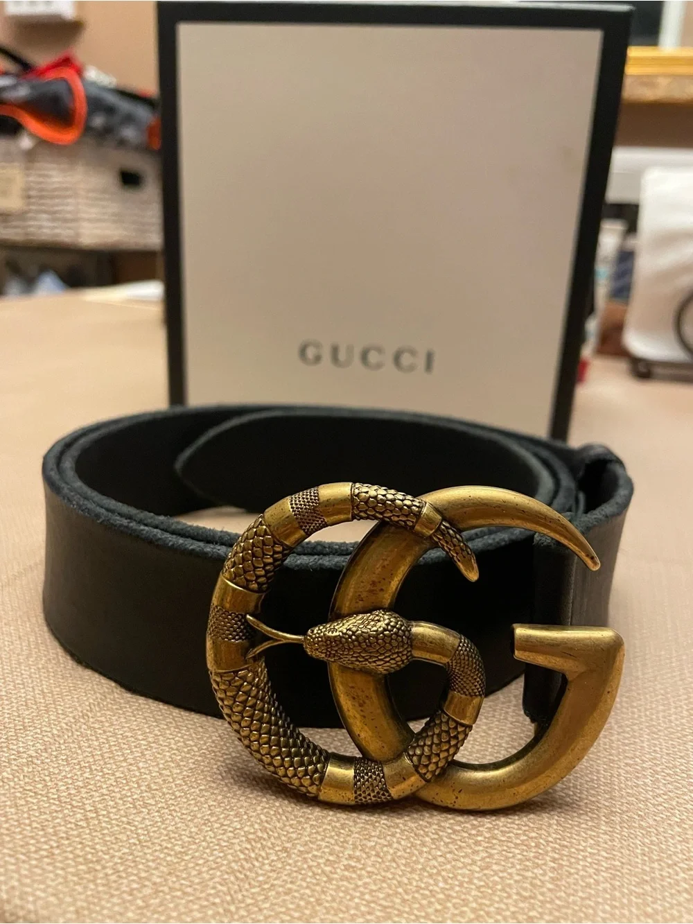 Gucci Black Leather Belt with Antiqued Gold Snake Double G Buckle